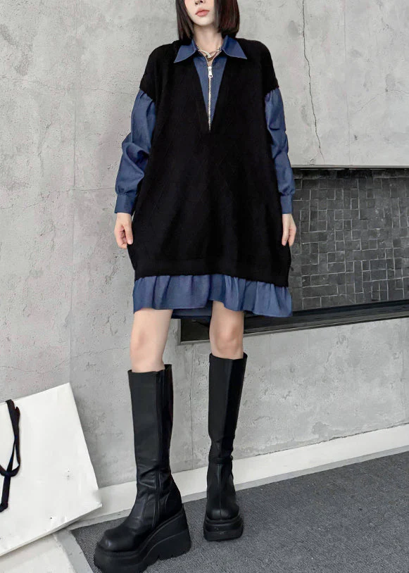 French Black Peter Pan Collar Zippered Denim Patchwork Mid Dresses Spring - Image 2