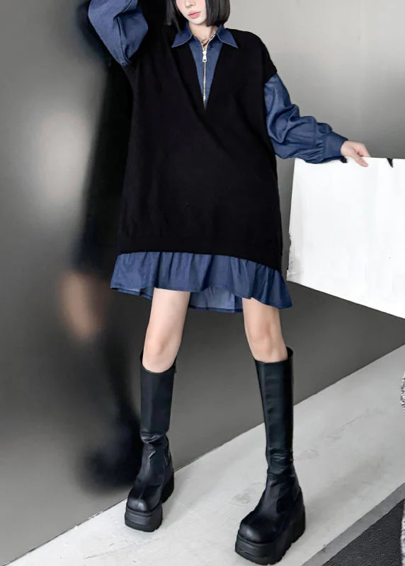 French Black Peter Pan Collar Zippered Denim Patchwork Mid Dresses Spring - Image 3