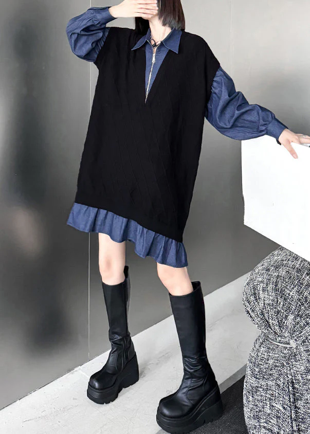 French Black Peter Pan Collar Zippered Denim Patchwork Mid Dresses Spring - Image 4