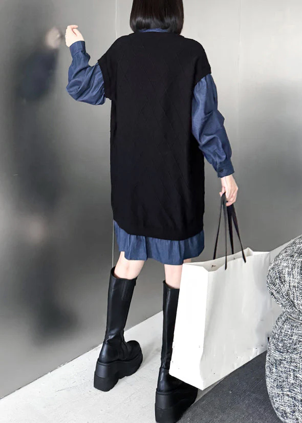 French Black Peter Pan Collar Zippered Denim Patchwork Mid Dresses Spring - Image 5