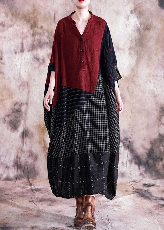 French black Plaid cotton quilting clothes v neck patchwork cotton robes fall Dresses - Image 3