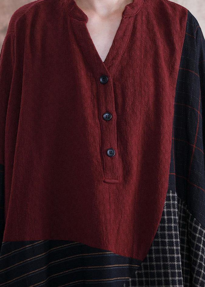 French black Plaid cotton quilting clothes v neck patchwork cotton robes fall Dresses - Image 5