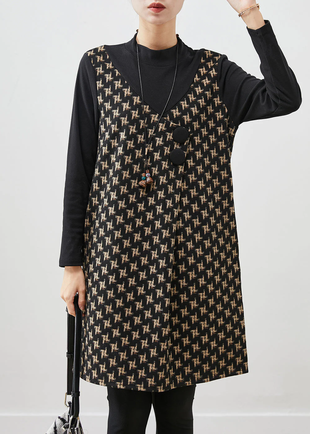 French Black Print Patchwork Cotton Fake Two Piece Dress Spring - Image 2