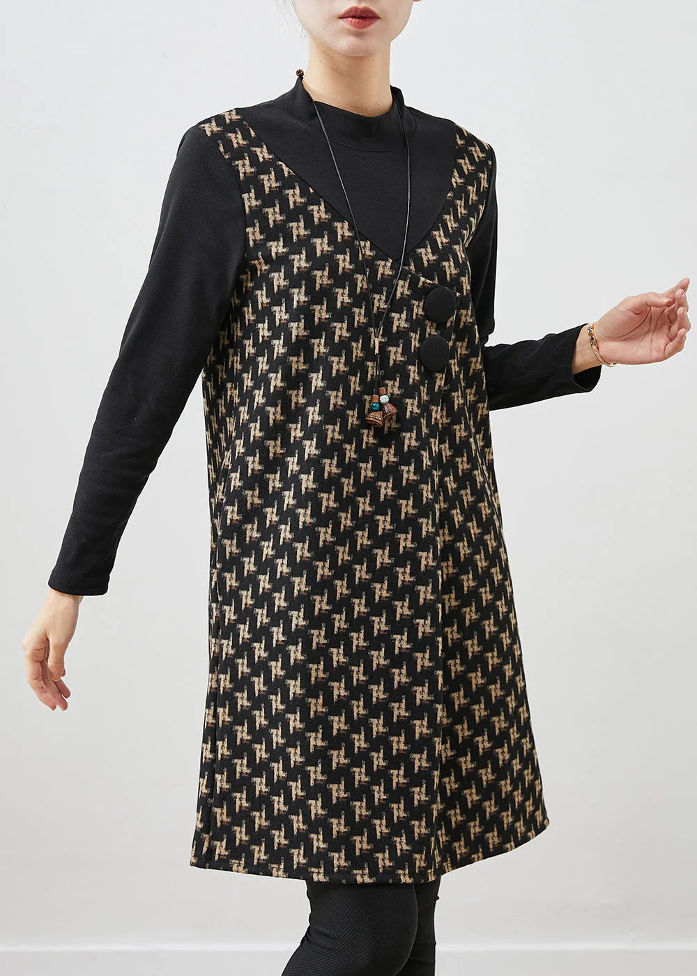 French Black Print Patchwork Cotton Fake Two Piece Dress Spring - Image 3