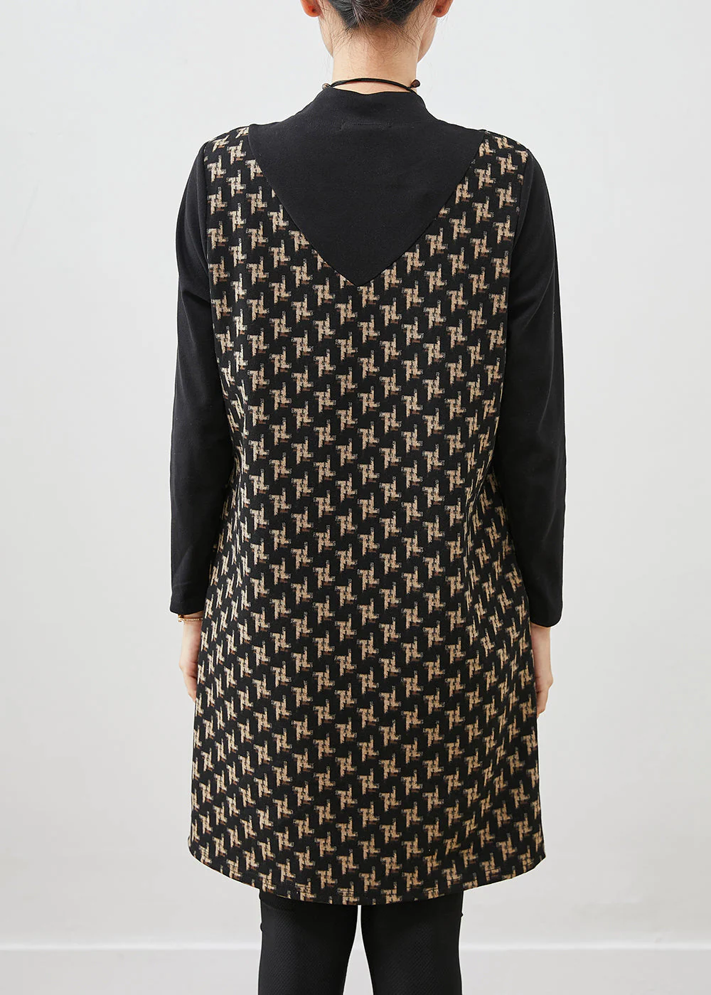 French Black Print Patchwork Cotton Fake Two Piece Dress Spring - Image 4