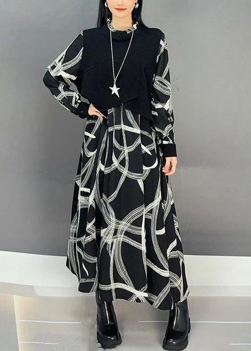 French Black Print Patchwork Cotton Maxi Dress Fall - Image 2