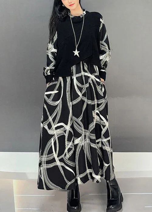 French Black Print Patchwork Cotton Maxi Dress Fall - Image 3