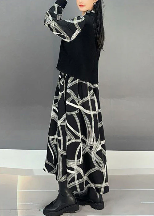 French Black Print Patchwork Cotton Maxi Dress Fall - Image 4