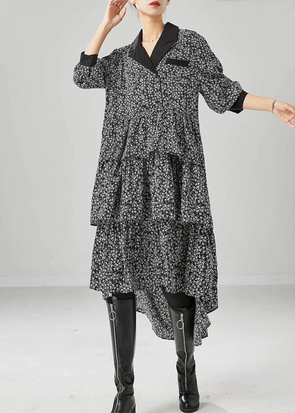 French Black Print Patchwork Ruffles Chiffon Holiday Dress Fall - Image 2