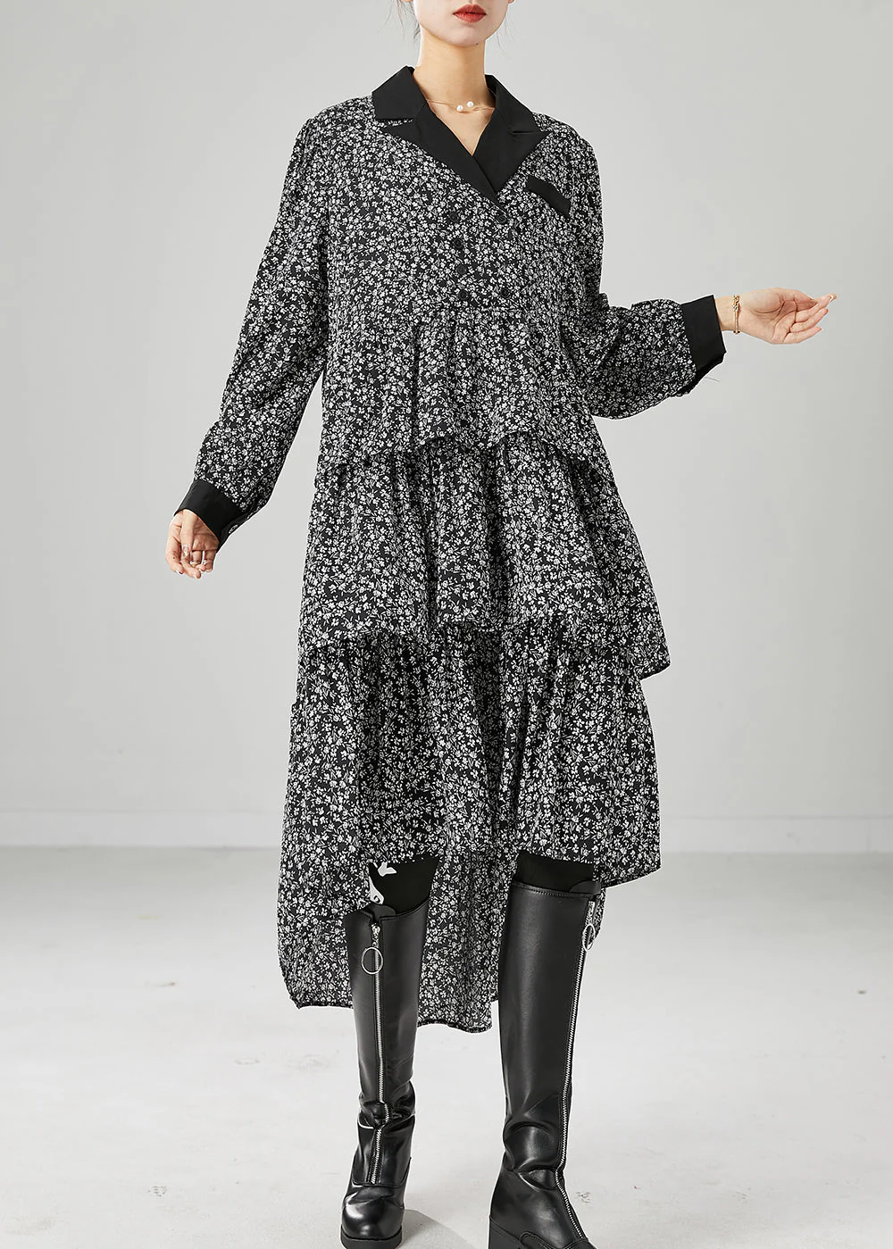 French Black Print Patchwork Ruffles Chiffon Holiday Dress Fall - Image 3