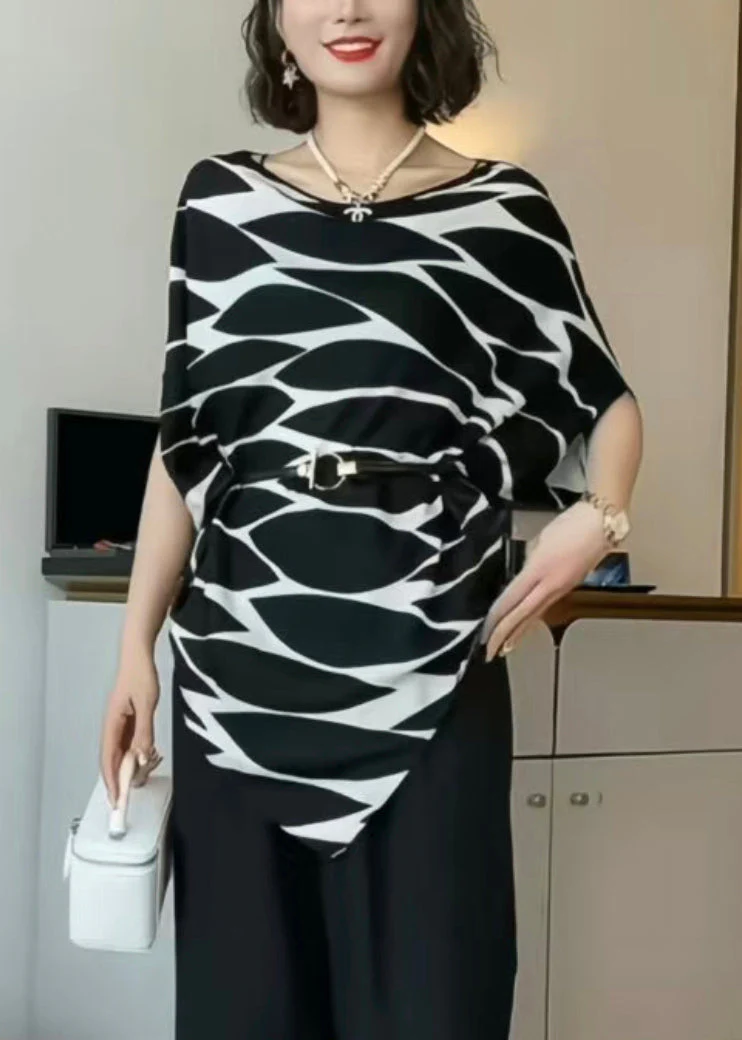 French Black Print Sashes Cotton Shirts Asymmetrical Batwing Sleeve - Image 2