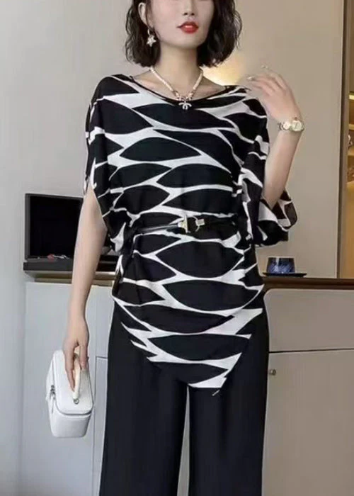 French Black Print Sashes Cotton Shirts Asymmetrical Batwing Sleeve - Image 3