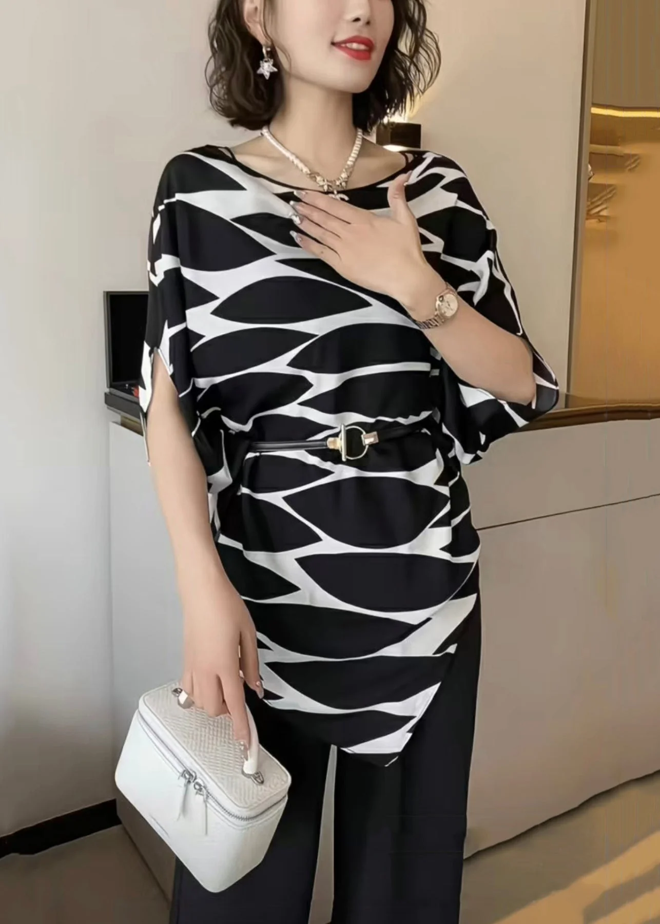 French Black Print Sashes Cotton Shirts Asymmetrical Batwing Sleeve - Image 4
