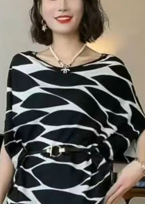 French Black Print Sashes Cotton Shirts Asymmetrical Batwing Sleeve - Image 5