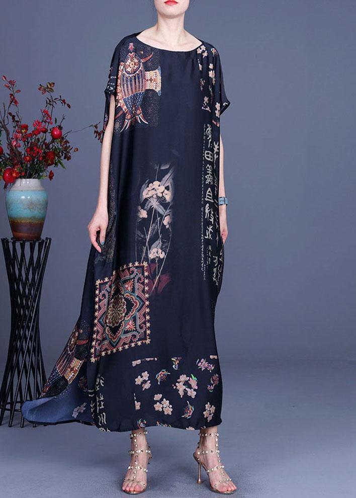 French Black Print Side open Silk Long Dress Summer - Image 2