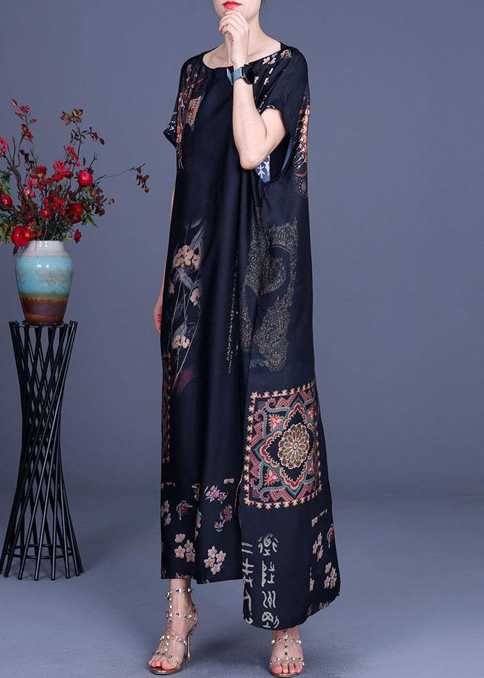 French Black Print Side open Silk Long Dress Summer - Image 3