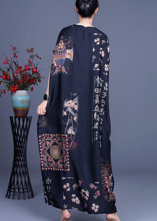 French Black Print Side open Silk Long Dress Summer - Image 4