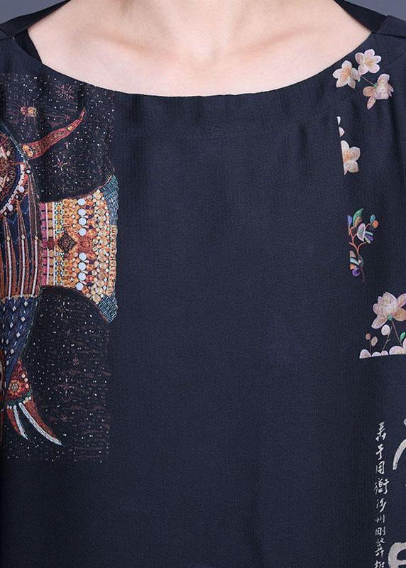 French Black Print Side open Silk Long Dress Summer - Image 5