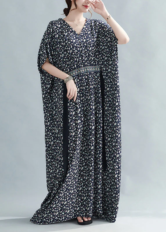 French Black Print Tie Waist Cotton Long Dress Batwing Sleeve - Image 4