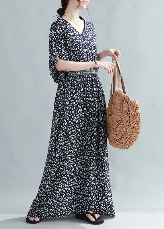 French Black Print Tie Waist Cotton Long Dress Batwing Sleeve - Image 5