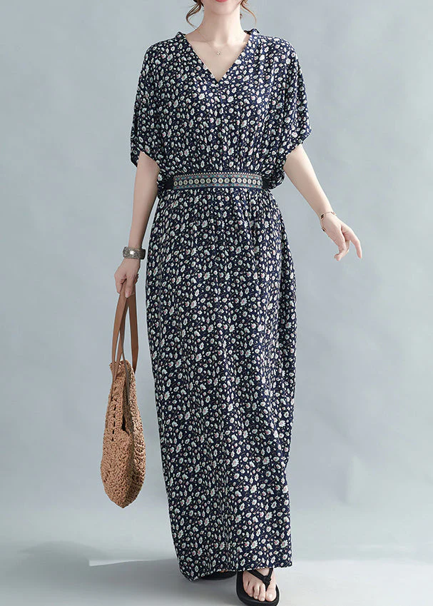 French Black Print Tie Waist CottonLong Dress Batwing Sleeve - Image 2