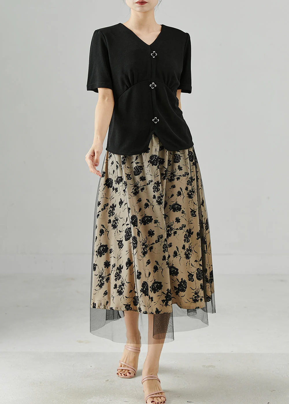 French Black Print Tulle Dress Two Pieces Set Summer - Image 2