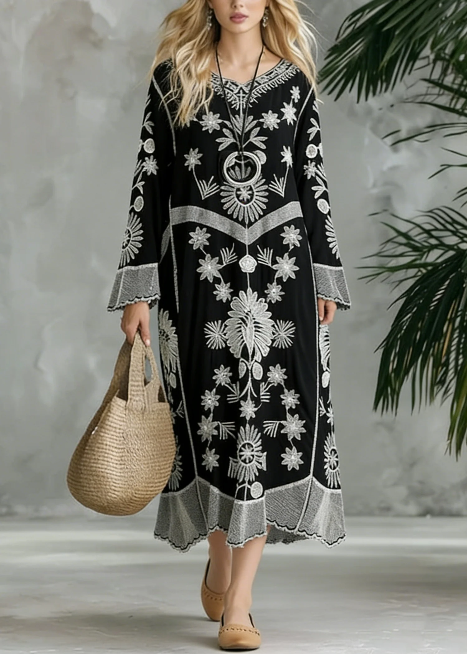 French Black Print V neck Baggy Chiffon Robes Spring Dresses - Image 5