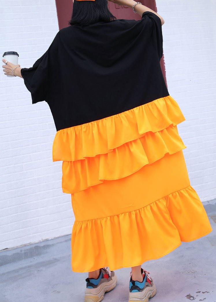 French black prints cotton clothes Women asymmetric hem ruffles loose summer Dress - Image 3