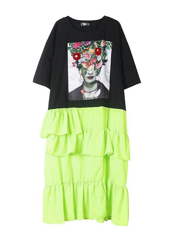 French black prints cotton clothes Women asymmetric hem ruffles loose summer Dress - Image 4