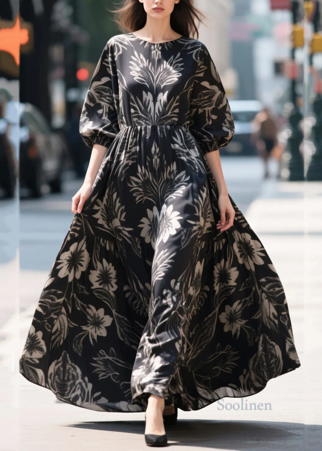 French Black Puff Sleeve Print Chiffon Ankle Dress - Image 3