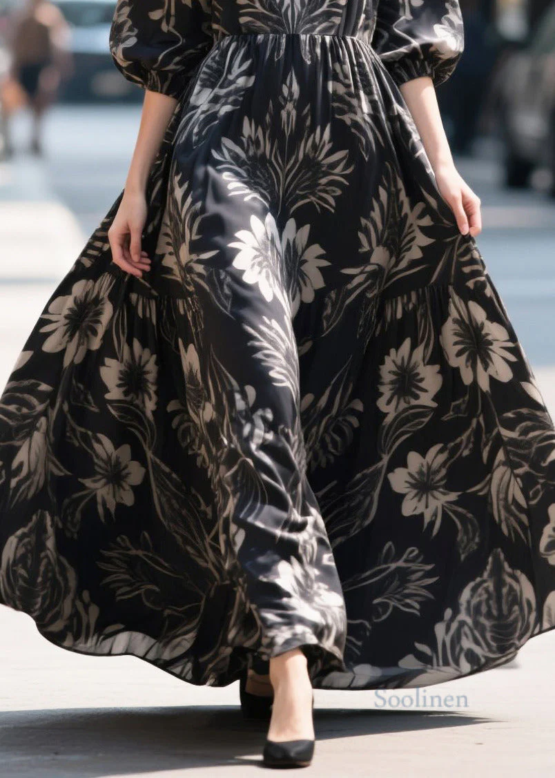 French Black Puff Sleeve Print Chiffon Ankle Dress - Image 4