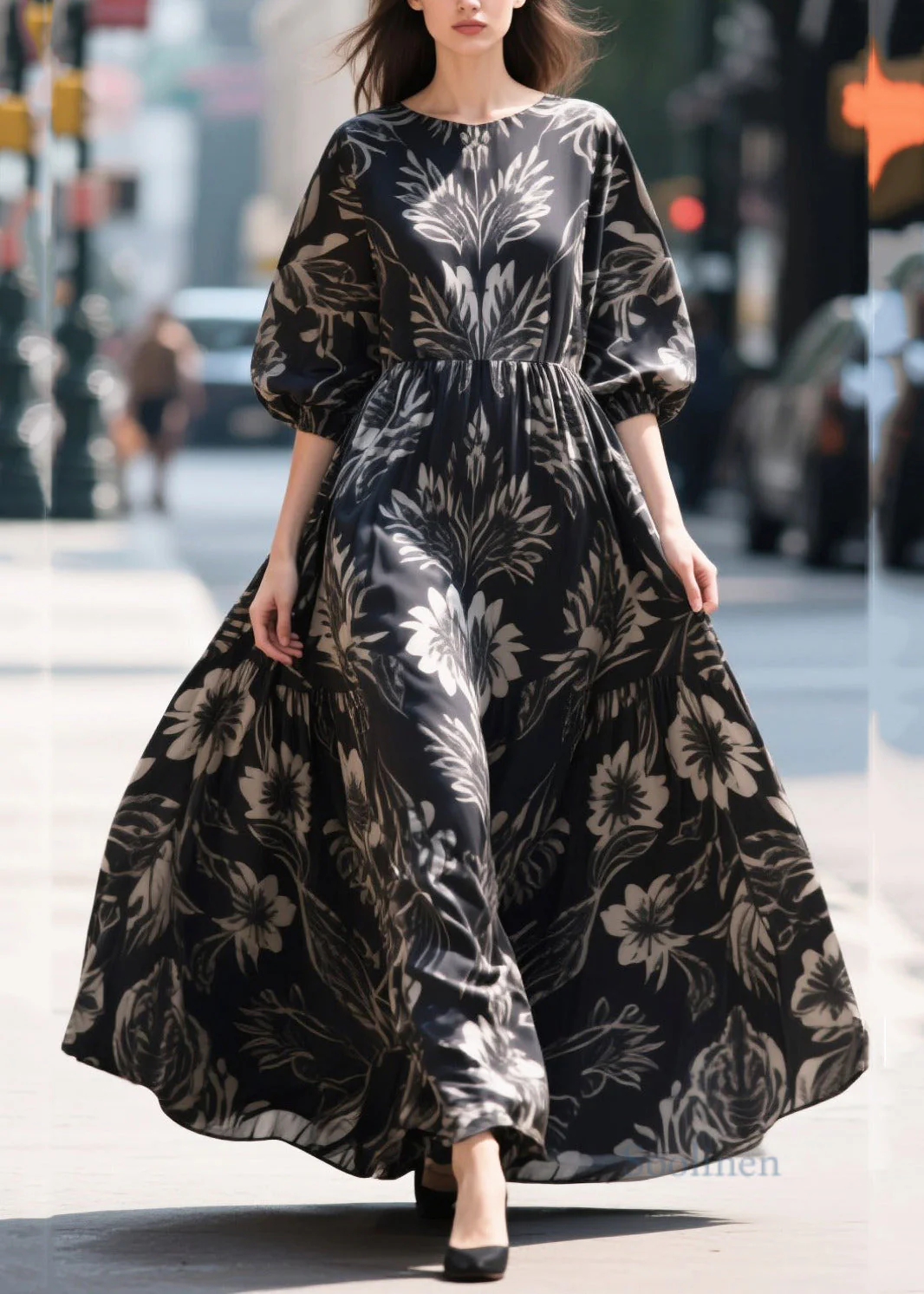 French Black Puff Sleeve Print Chiffon Ankle Dress - Image 5
