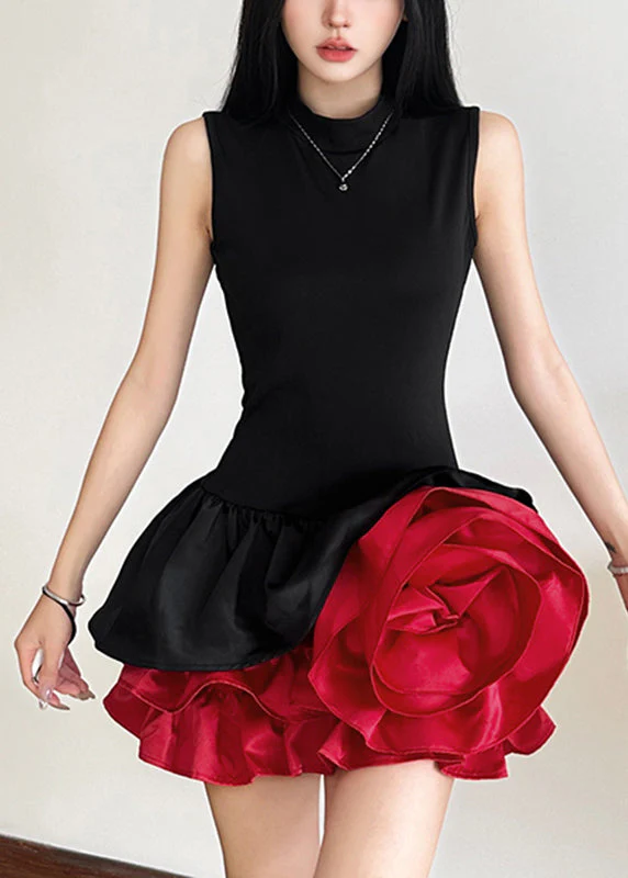 French Black Rose Floral Mid Dresses Sleeveless - Image 2