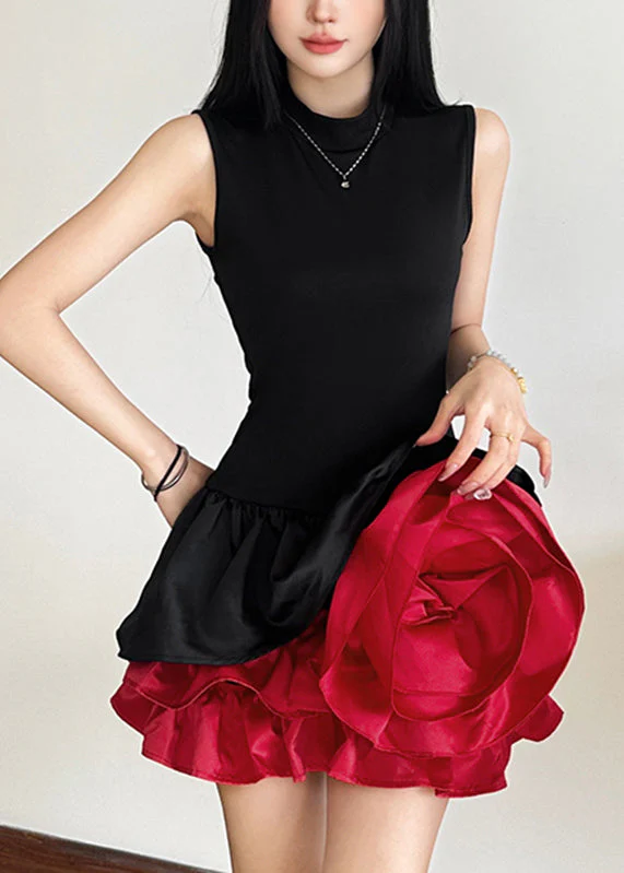French Black Rose Floral Mid Dresses Sleeveless - Image 3