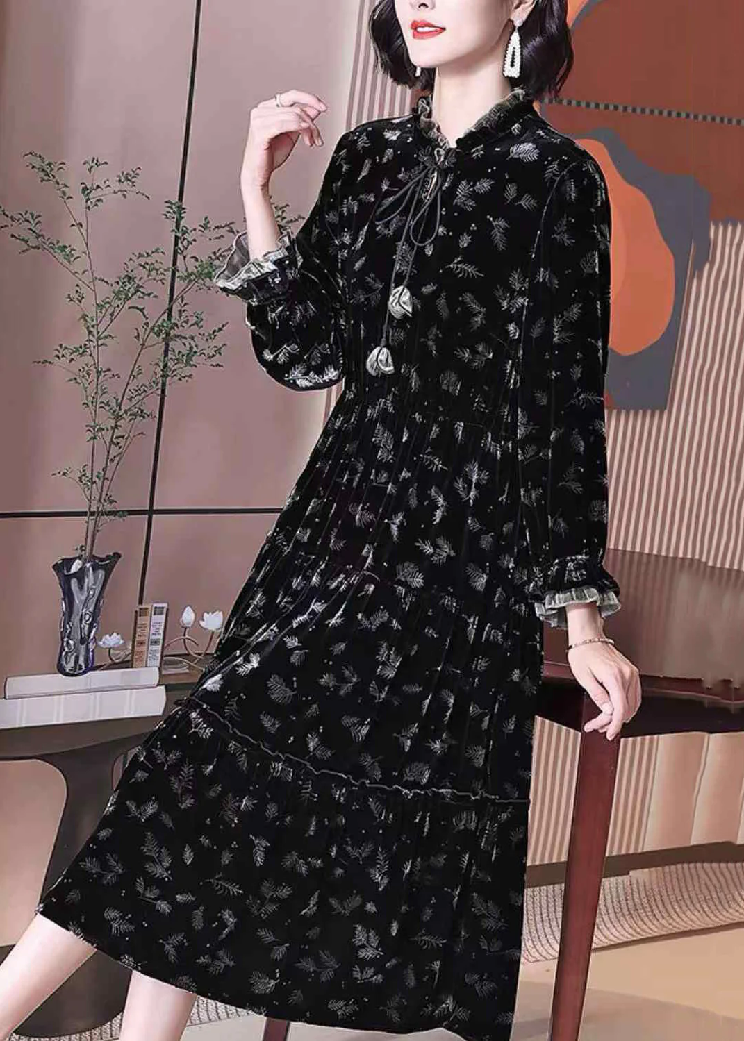 French Black Ruffled Lace Up Print Silk Velour Long Dress Spring