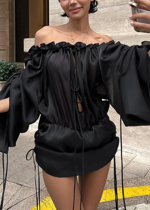 French Black Ruffled Lace Up Silk Mid Dress Spring - Image 2