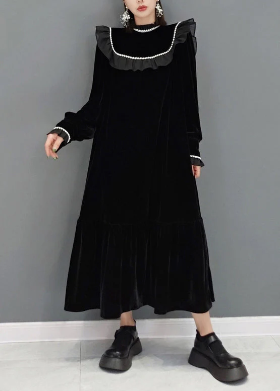 French Black Ruffled Nail Bead Patchwork Velour Dress Fall - Image 2