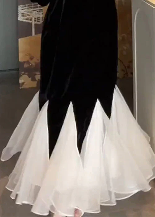 French Black Ruffled Pearl Patchwork Silk Velour Long Dresses Half Sleeve - Image 3