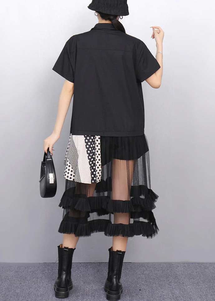 French Black Ruffled Tulle Patchwork Shirt Dress Summer - Image 5