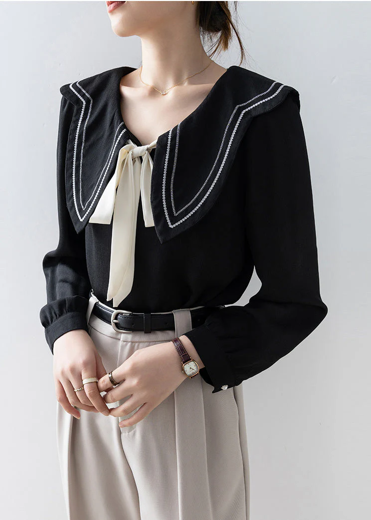 French Black Sailor Collar Bow Chiffon Shirt Top Spring - Image 3