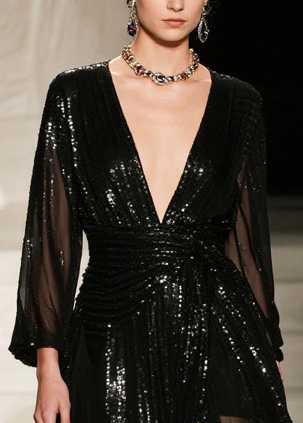 French Black Sequins Exra Large Hem Side Open Tulle Party Dresses Summer - Image 2