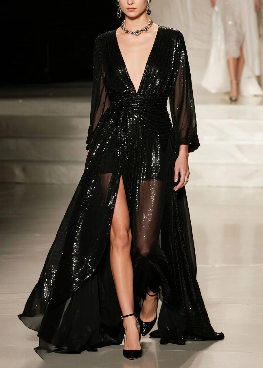 French Black Sequins Exra Large Hem Side Open Tulle Party Dresses Summer - Image 3