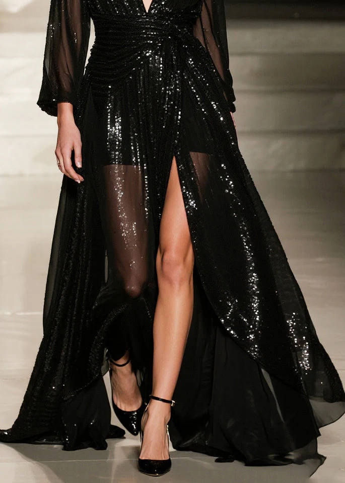 French Black Sequins Exra Large Hem Side Open Tulle Party Dresses Summer - Image 4