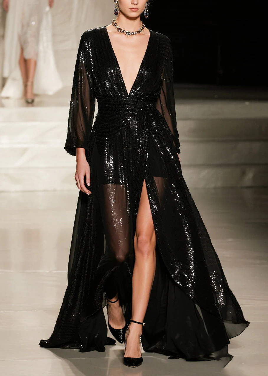 French Black Sequins Exra Large Hem Side Open Tulle Party Dresses Summer - Image 5