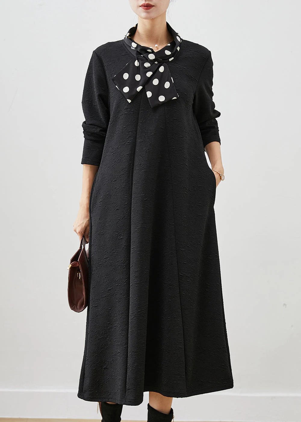 French Black Shawl Collar Jacquard Cotton Party Dress Fall - Image 2