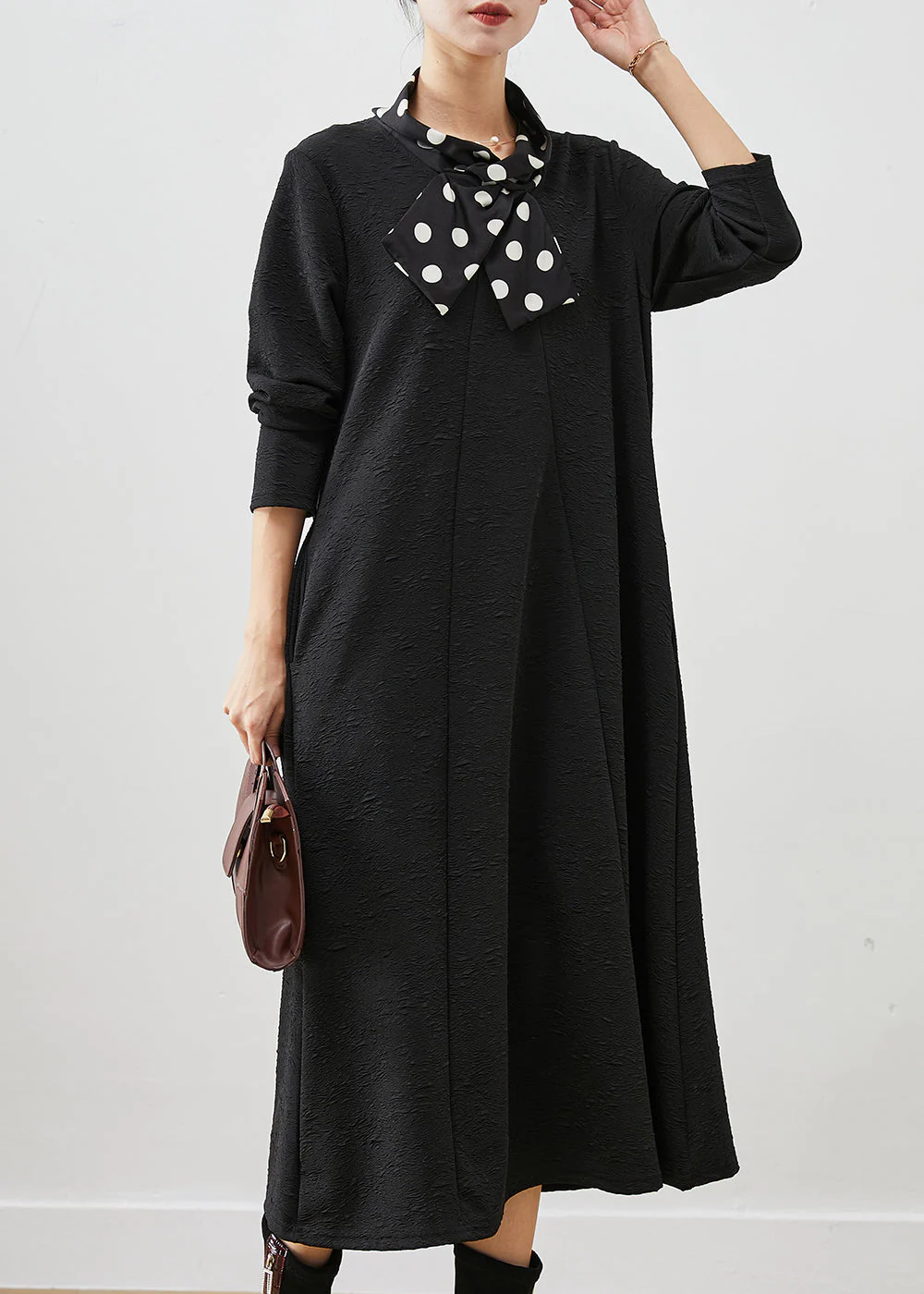 French Black Shawl Collar Jacquard Cotton Party Dress Fall - Image 3