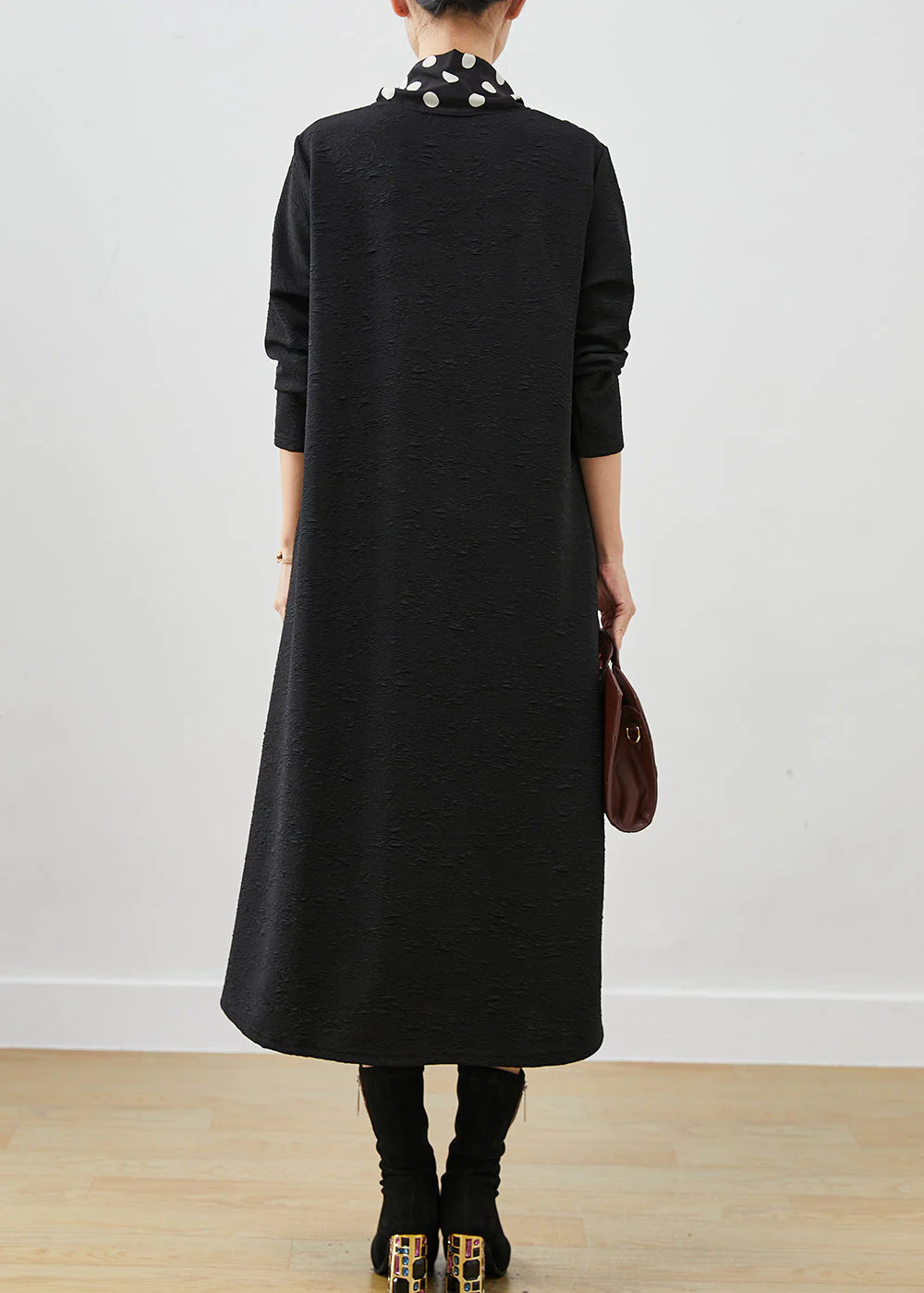 French Black Shawl Collar Jacquard Cotton Party Dress Fall - Image 4