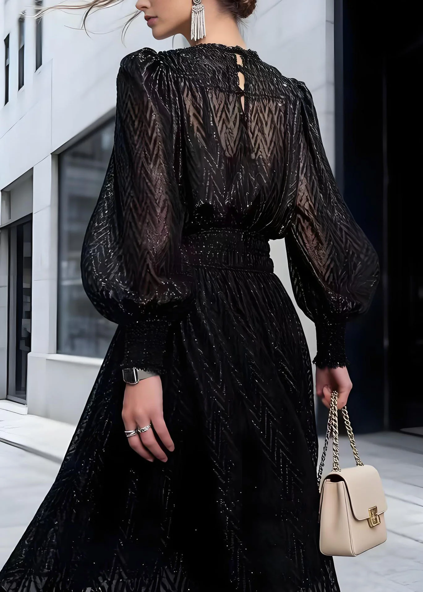 French Black Shiny Thread Lace Patchwork Chiffon Two Pieces Set Fall - Image 2