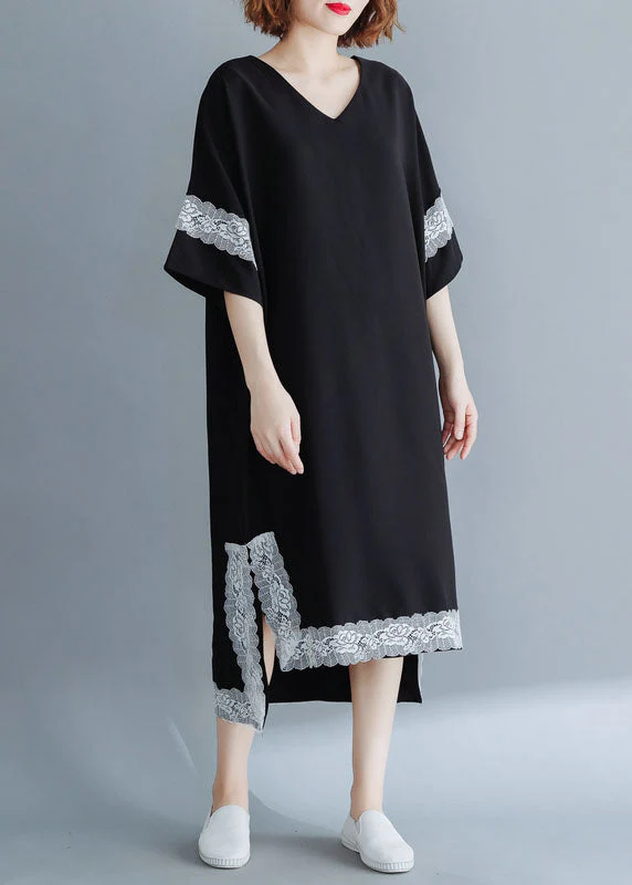 French Black Side Open V Neck Lace Patchwork Chiffon Dresses Short Sleeve - Image 3