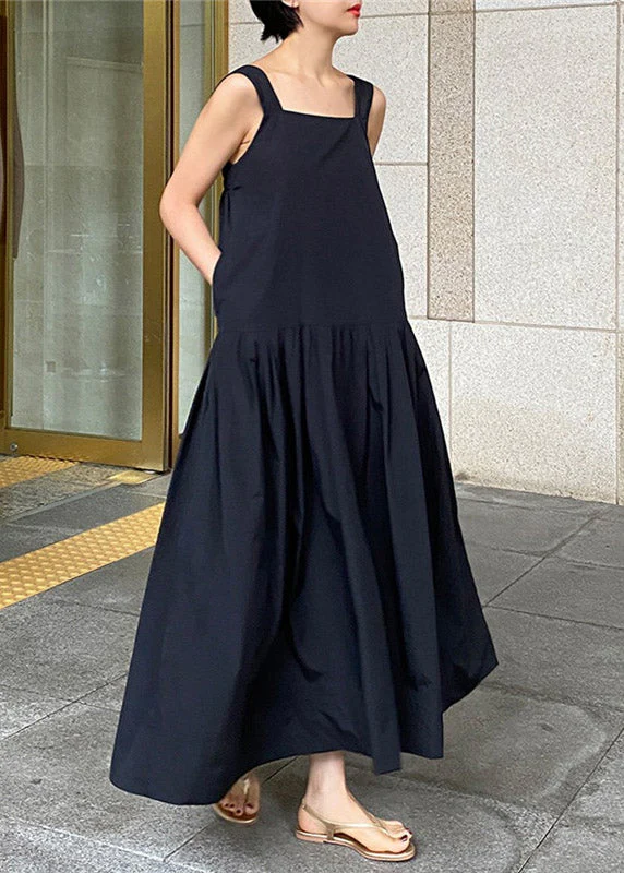 French Black Slash Neck Pockets Wrinkled Cotton Long Dress Sleeveless - Image 2